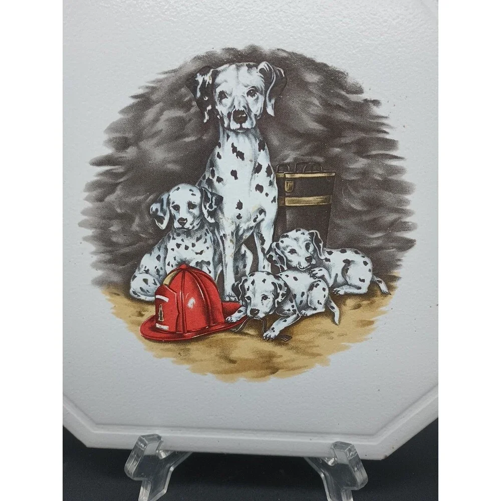 Vtg Linda Picken Dalmatian Tile Trivet Mother Puppies Fire Helmet Boots